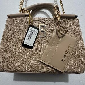 Bebe Tan Textured Satchel with Gold Accents